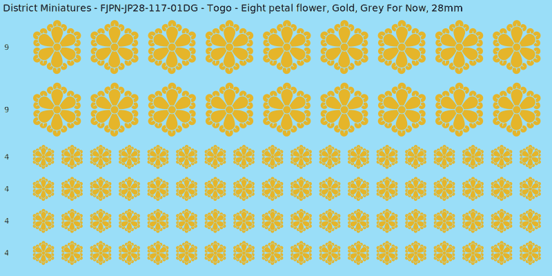 Togo clan mon, Yellow/Gold waterslide decal sheet, Grey For Now banner sizes, 28mm