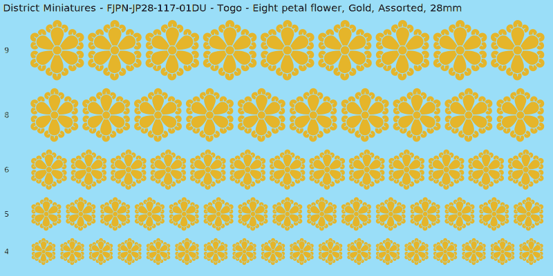 Togo clan mon, Eight petal flower, Gold waterslide decal sheet, 28mm