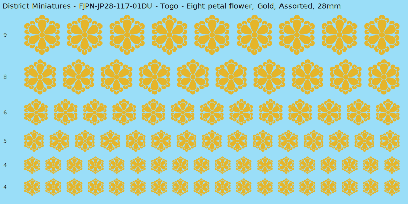 Togo clan mon, Yellow/Gold waterslide decal sheet, Assorted banner sizes, 28mm