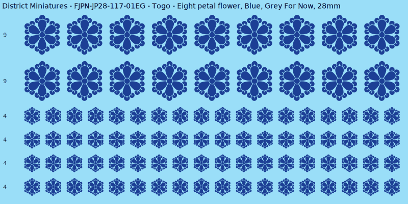 Togo clan mon, Blue waterslide decal sheet, Grey For Now banner sizes, 28mm