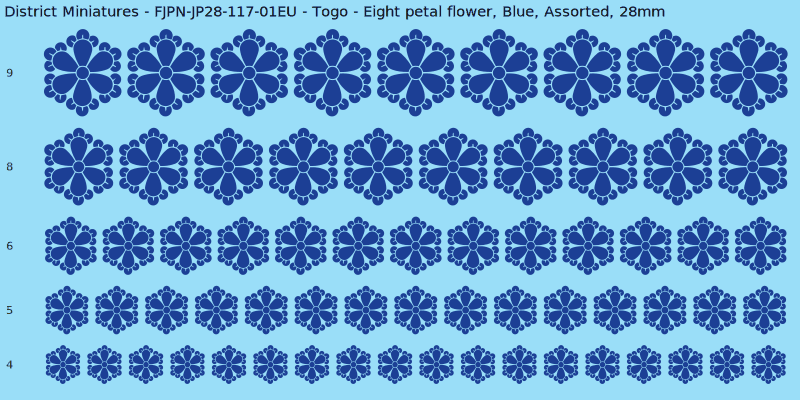 Togo clan mon, Eight petal flower, Blue waterslide decal sheet, 28mm