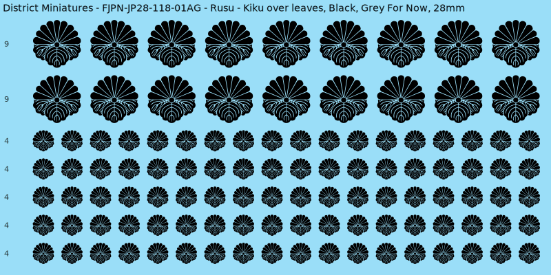 Rusu clan mon, Black waterslide decal sheet, Grey For Now banner sizes, 28mm