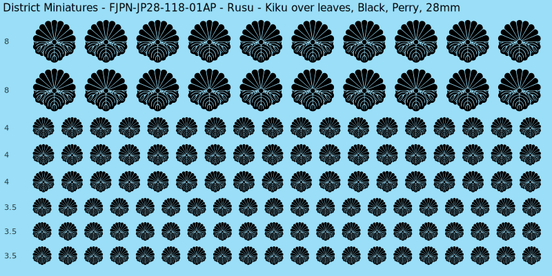Rusu clan mon, Black waterslide decal sheet, Perry banner sizes, 28mm