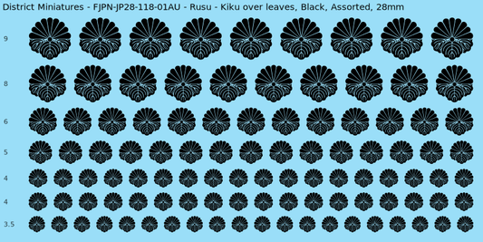 Rusu clan mon, Kiku over leaves, Black waterslide decal sheet, 28mm