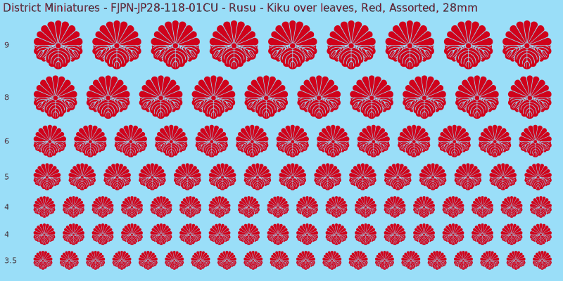 Rusu clan mon, Kiku over leaves, Red waterslide decal sheet, 28mm