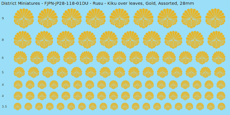 Rusu clan mon, Kiku over leaves, Gold waterslide decal sheet, 28mm
