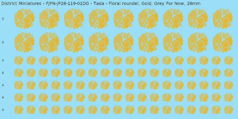 Tada clan mon, Yellow/Gold waterslide decal sheet, Grey For Now banner sizes, 28mm