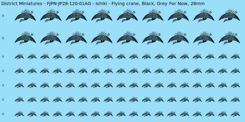 Ishiki clan mon, Black waterslide decal sheet, Grey For Now banner sizes, 28mm