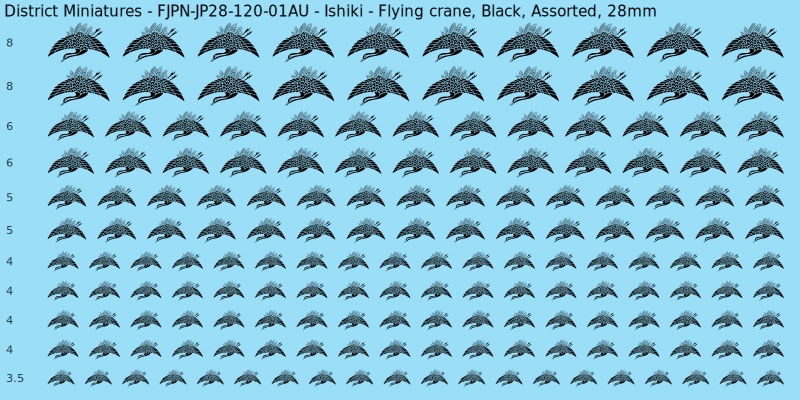 Ishiki clan mon, Flying crane, Black waterslide decal sheet, 28mm