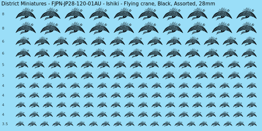 Ishiki clan mon, Flying crane, Black waterslide decal sheet, 28mm