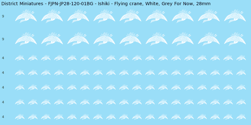 Ishiki clan mon, White waterslide decal sheet, Grey For Now banner sizes, 28mm