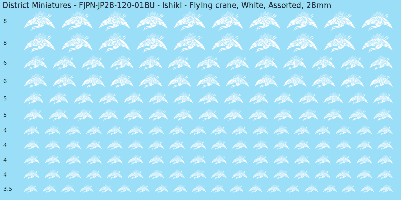 Ishiki clan mon, Flying crane, White waterslide decal sheet, 28mm