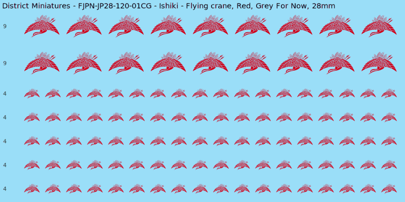 Ishiki clan mon, Red waterslide decal sheet, Grey For Now banner sizes, 28mm