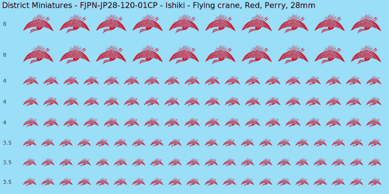 Ishiki clan mon, Red waterslide decal sheet, Perry banner sizes, 28mm