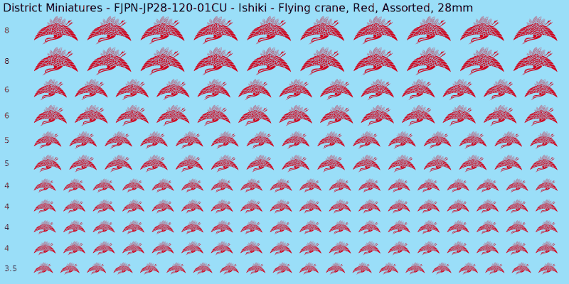 Ishiki clan mon, Flying crane, Red waterslide decal sheet, 28mm