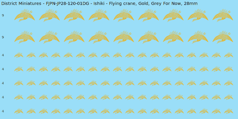 Ishiki clan mon, Yellow/Gold waterslide decal sheet, Grey For Now banner sizes, 28mm