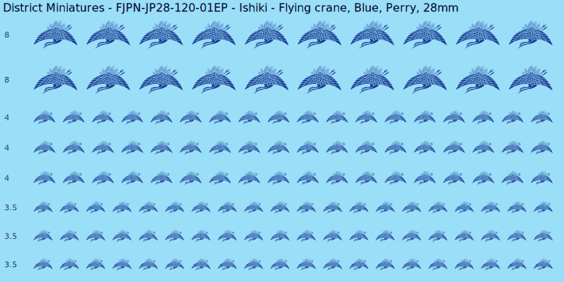 Ishiki clan mon, Blue waterslide decal sheet, Perry banner sizes, 28mm