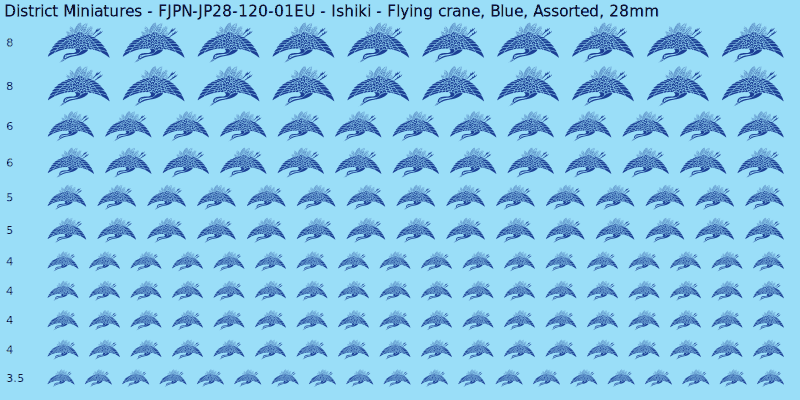 Ishiki clan mon, Flying crane, Blue waterslide decal sheet, 28mm