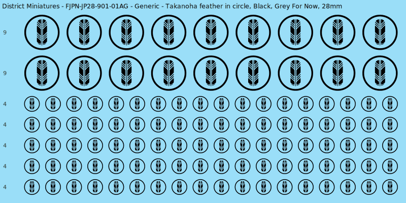 Generic clan mon, Black waterslide decal sheet, Grey For Now banner sizes, 28mm
