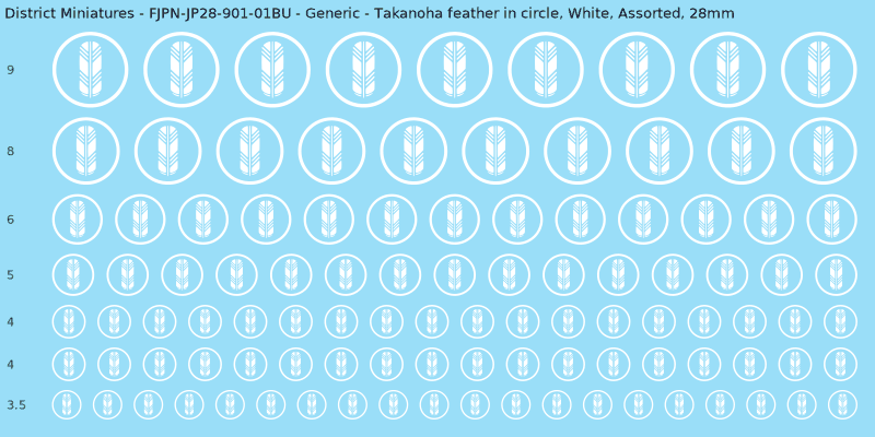 Generic clan mon, Takanoha feather in circle, White waterslide decal sheet, 28mm