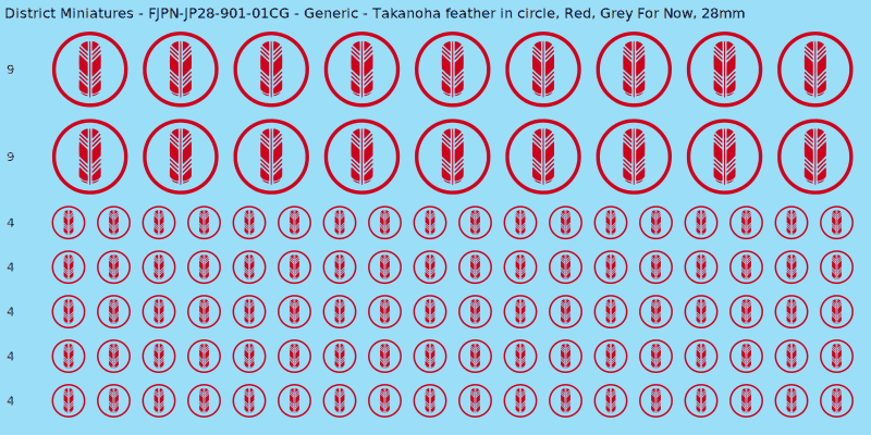 Generic clan mon, Red waterslide decal sheet, Grey For Now banner sizes, 28mm