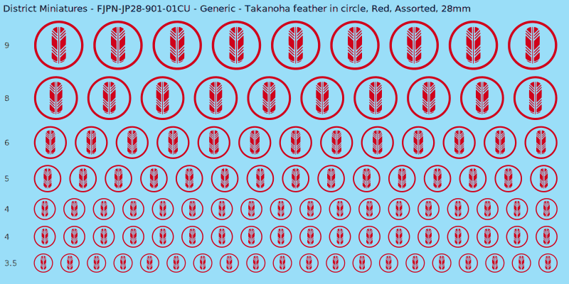 Generic clan mon, Takanoha feather in circle, Red waterslide decal sheet, 28mm