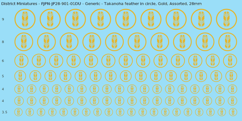 Generic clan mon, Yellow/Gold waterslide decal sheet, Assorted banner sizes, 28mm