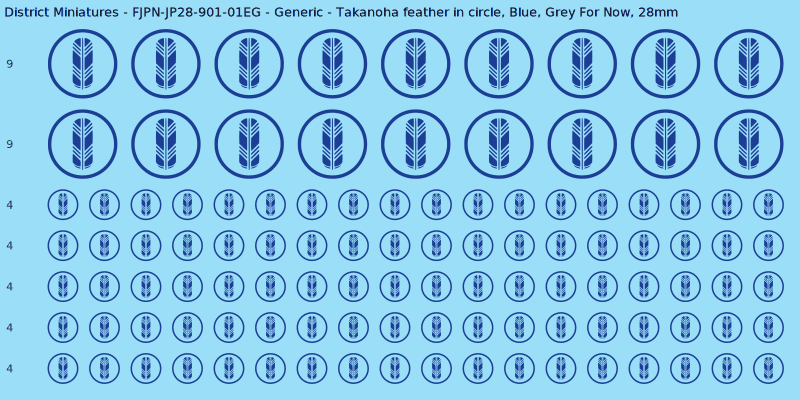 Generic clan mon, Blue waterslide decal sheet, Grey For Now banner sizes, 28mm