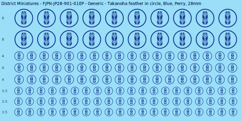 Generic clan mon, Blue waterslide decal sheet, Perry banner sizes, 28mm
