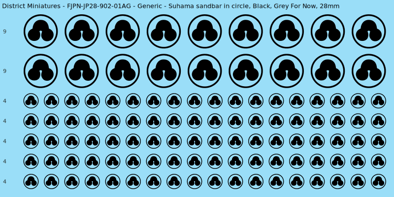 Generic clan mon, Black waterslide decal sheet, Grey For Now banner sizes, 28mm