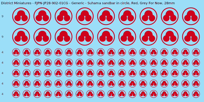 Generic clan mon, Red waterslide decal sheet, Grey For Now banner sizes, 28mm