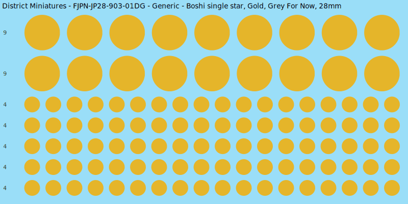 Generic clan mon, Yellow/Gold waterslide decal sheet, Grey For Now banner sizes, 28mm