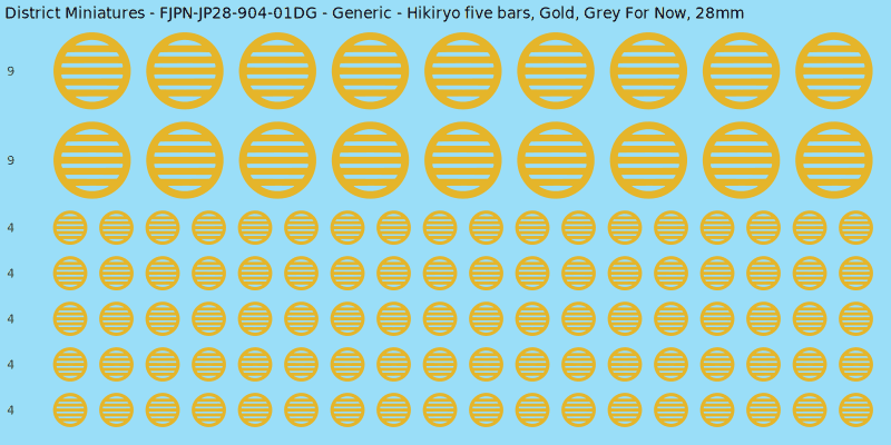 Generic clan mon, Yellow/Gold waterslide decal sheet, Grey For Now banner sizes, 28mm