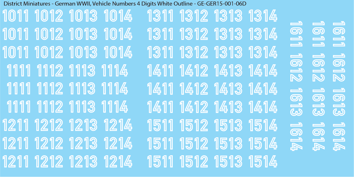 WW2 German - Vehicle Numbers 4 Digits, 15mm Decals