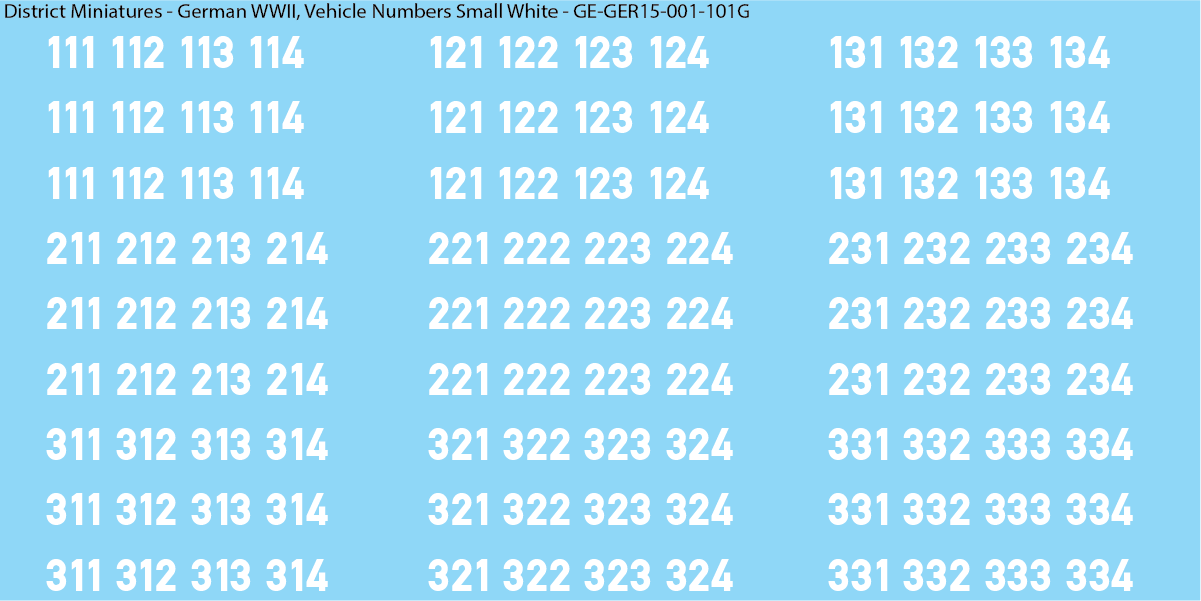 WW2 German - Vehicle Numbers, 15mm Decals