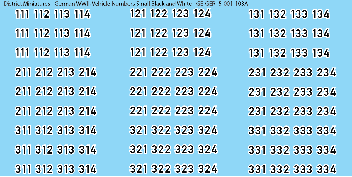 WW2 German - Vehicle Numbers, 15mm Decals