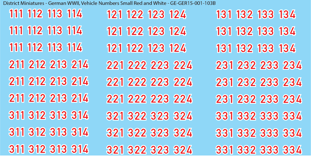 WW2 German - Vehicle Numbers, 15mm Decals