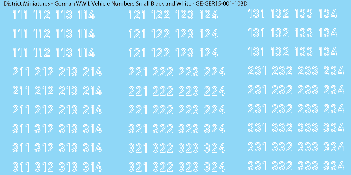 WW2 German - Vehicle Numbers, 15mm Decals