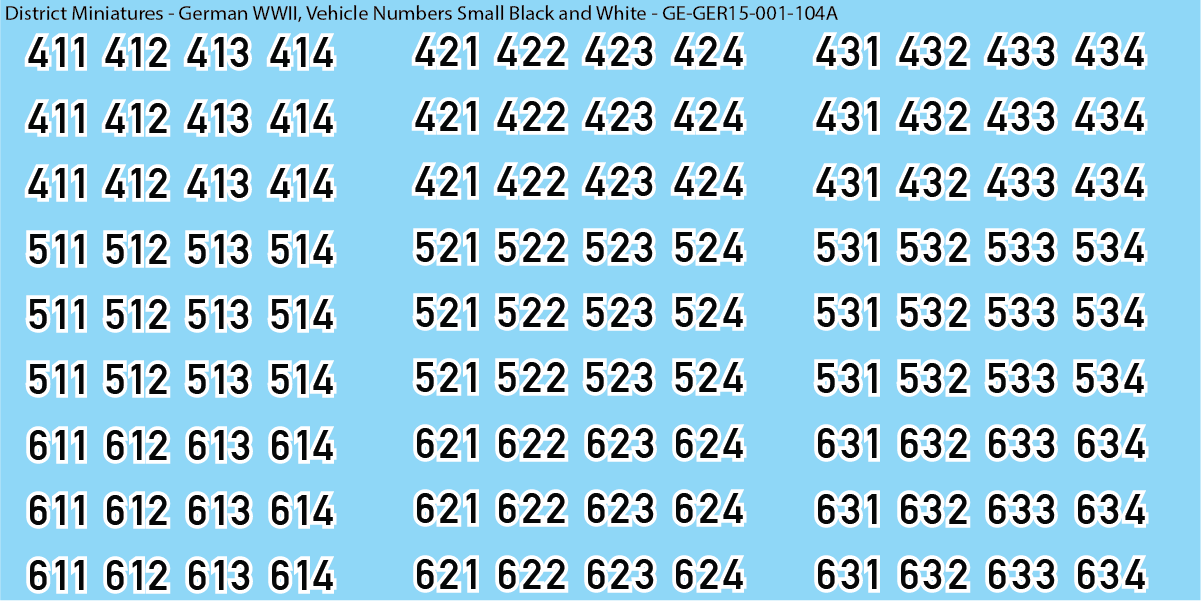 WW2 German - Vehicle Numbers, 15mm Decals