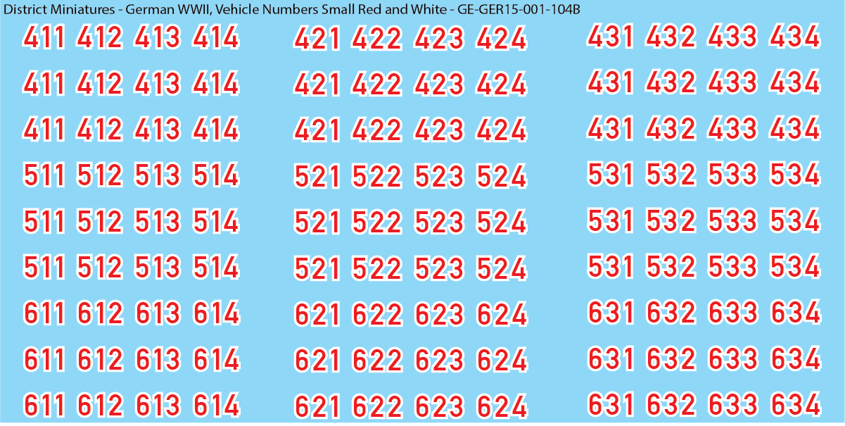 WW2 German - Vehicle Numbers, 15mm Decals