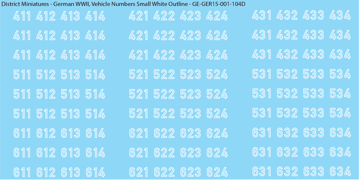 WW2 German - Vehicle Numbers, 15mm Decals