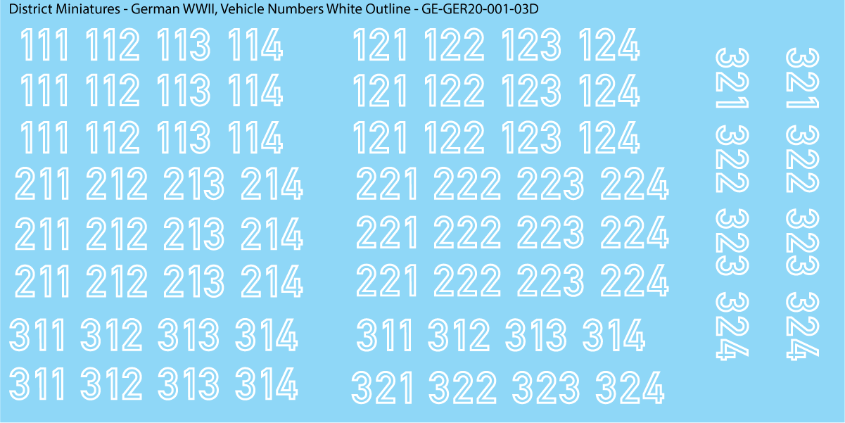 WW2 German - Vehicle Numbers, 20mm Decals – District Miniatures