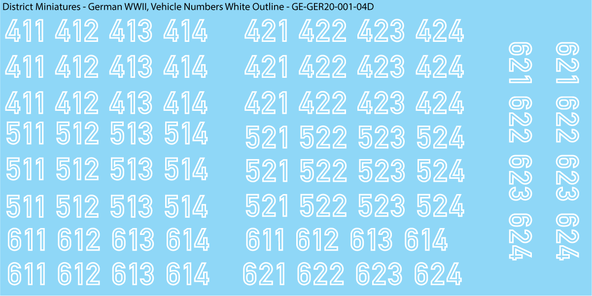 WW2 German - Vehicle Numbers, 20mm Decals