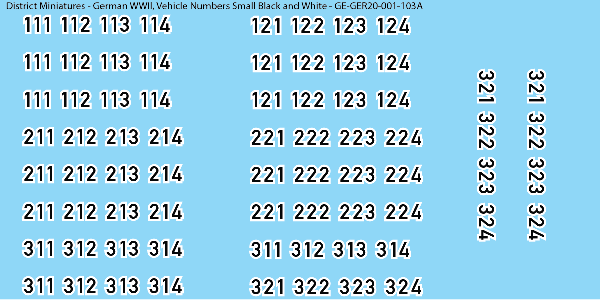 WW2 German - Vehicle Numbers, 20mm Decals