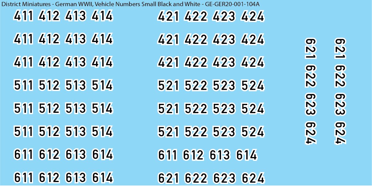 WW2 German - Vehicle Numbers, 20mm Decals