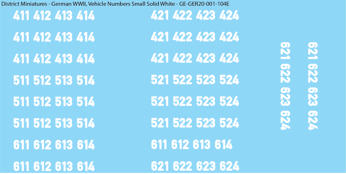 WW2 German - Vehicle Numbers, 20mm Decals