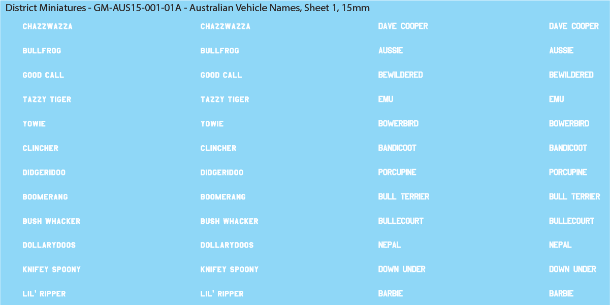 WW2 Australia - Australian Vehicle Names, 15mm Decals