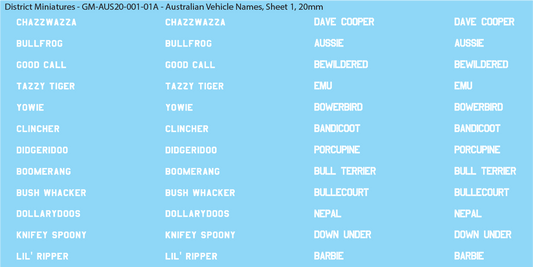 WW2 Australia - Australian Vehicle Names, 20mm Decals