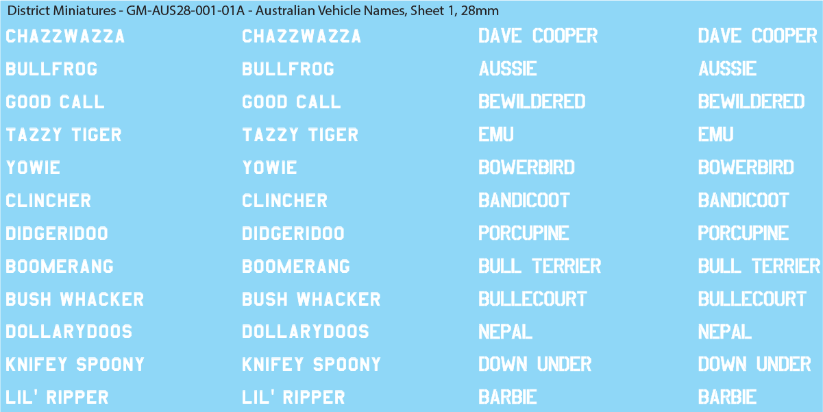 WW2 Australia - Australian Vehicle Names, 28mm Decals