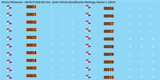 WW2 Dutch - Dutch Vehicle Identification Markings, 28mm Decals